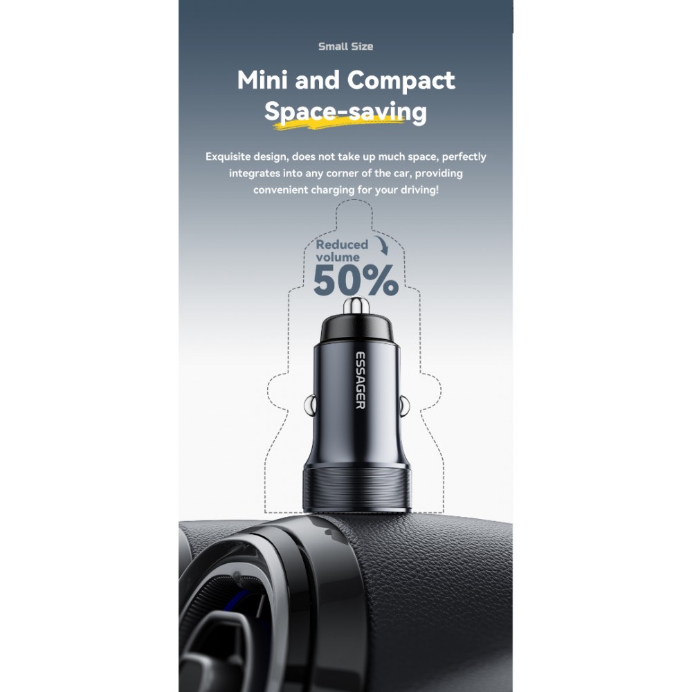 ESSAGER PD 30W зарядно за кола, USB-A, Type-C, алуминий - черен/сив