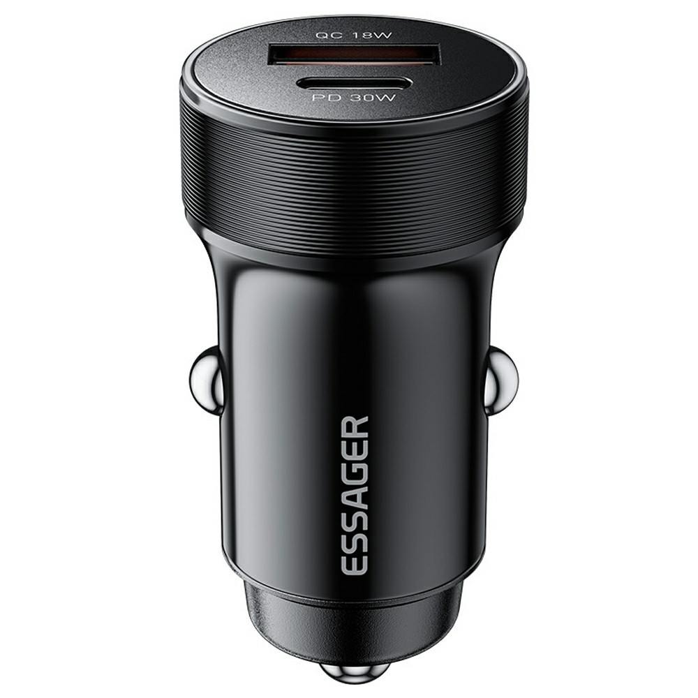 ESSAGER PD 30W зарядно за кола, USB-A, Type-C, алуминий - черен/сив