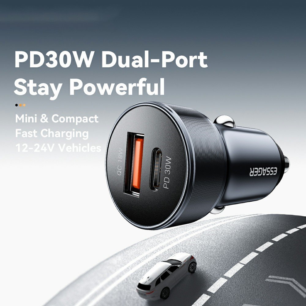 ESSAGER PD 30W зарядно за кола, USB-A, Type-C, алуминий - черен/сив