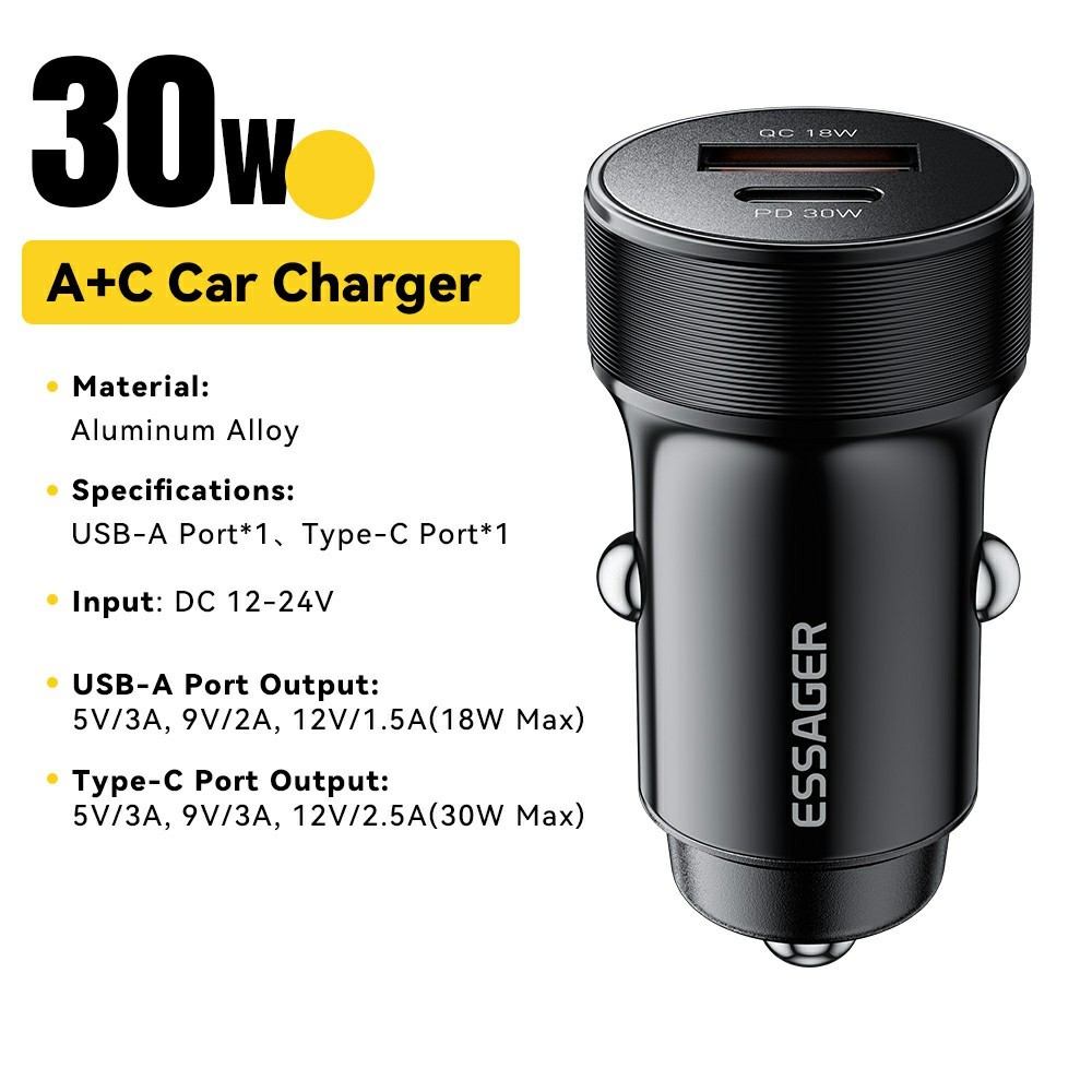 ESSAGER PD 30W зарядно за кола, USB-A, Type-C, алуминий - черен/сив