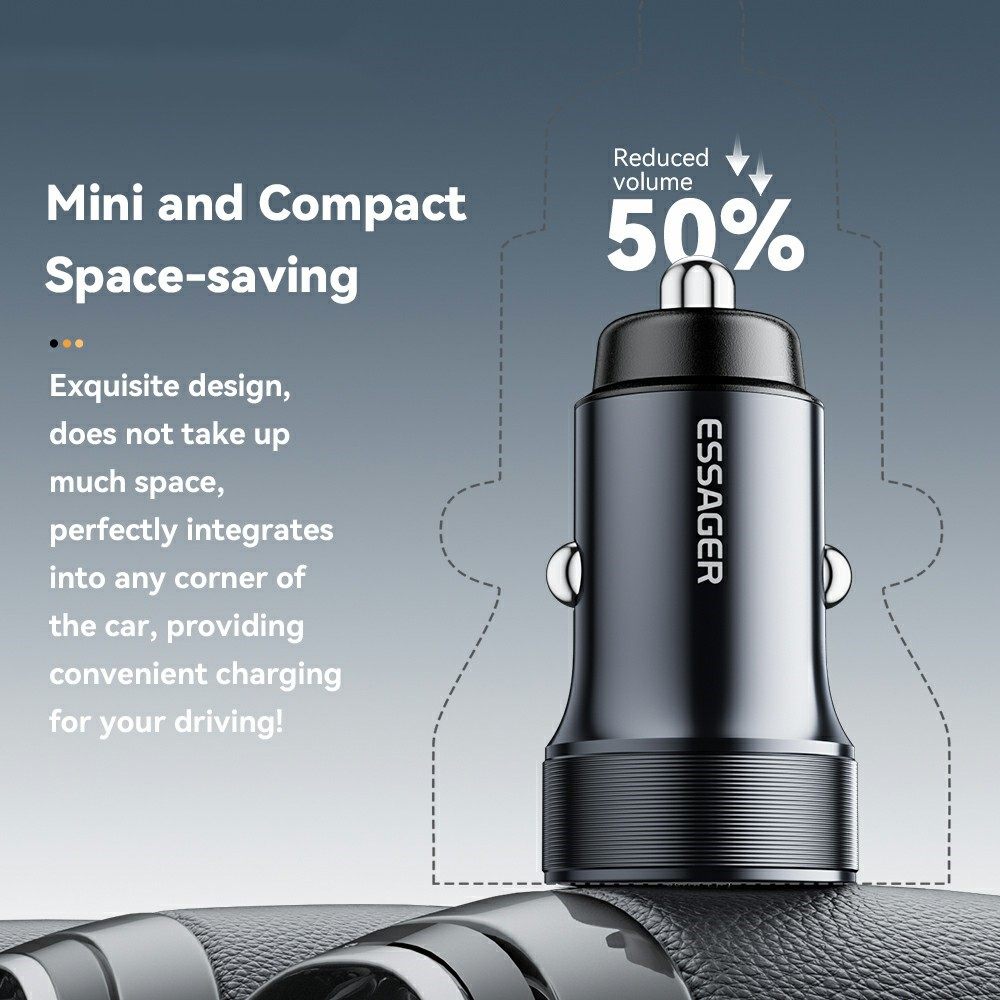 ESSAGER PD 30W зарядно за кола, USB-A, Type-C, алуминий - черен/сив