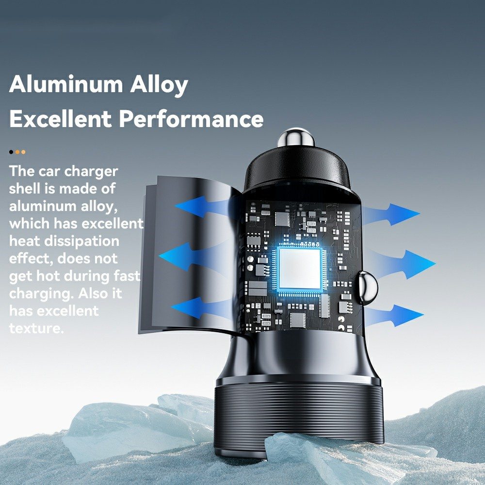 ESSAGER PD 30W зарядно за кола, USB-A, Type-C, алуминий - черен/сив