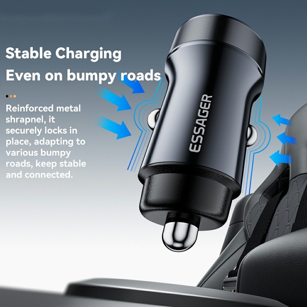ESSAGER PD 30W зарядно за кола, USB-A, Type-C, алуминий - черен/сив