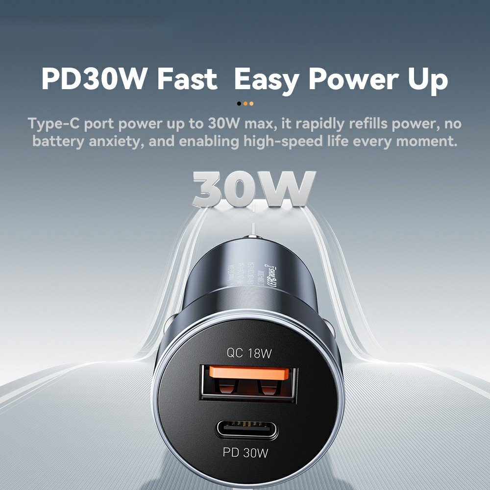 ESSAGER PD 30W зарядно за кола, USB-A, Type-C, алуминий - черен/сив