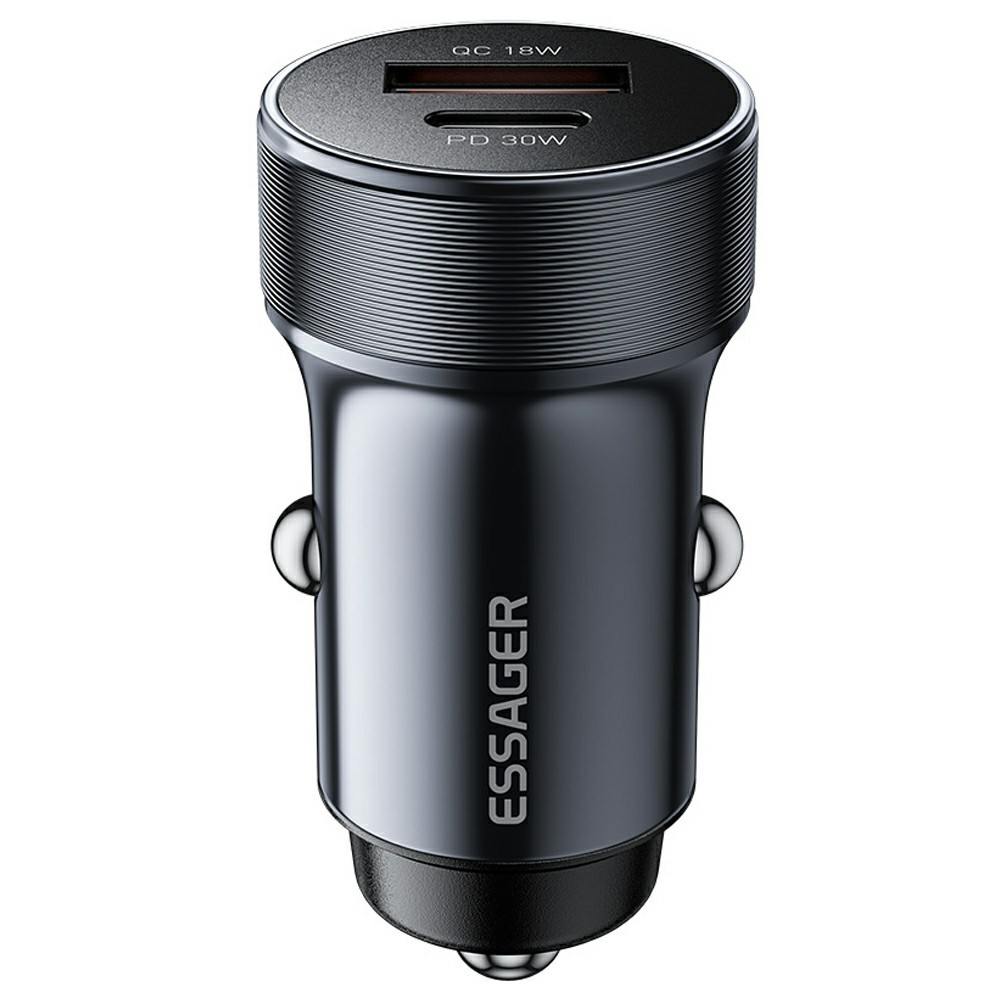 ESSAGER PD 30W зарядно за кола, USB-A, Type-C, алуминий - черен/сив