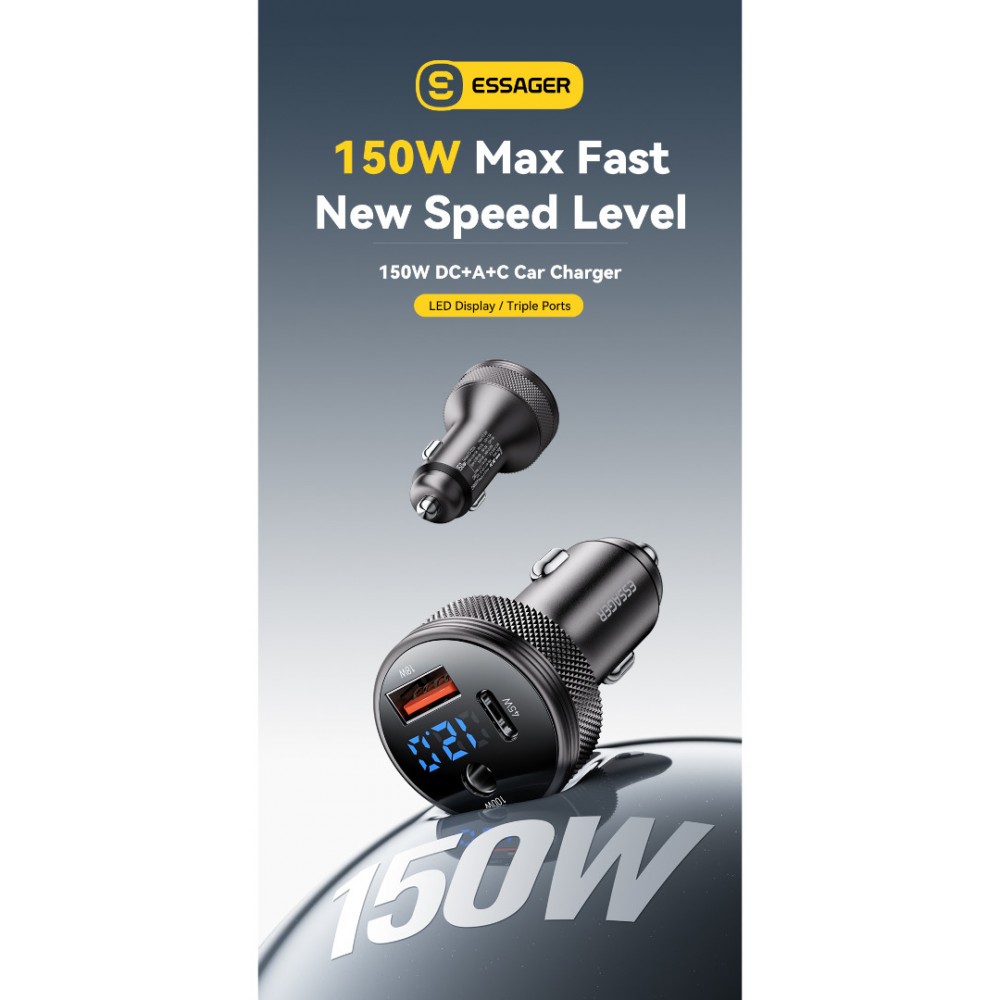 ESSAGER 150W зарядно за кола с дисплей, USB-A, Type-C, DC - сив