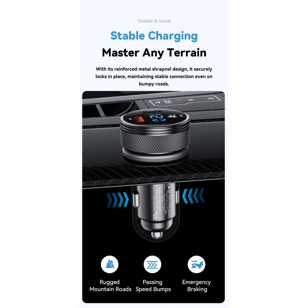 ESSAGER 150W зарядно за кола с дисплей, USB-A, Type-C, DC - сив