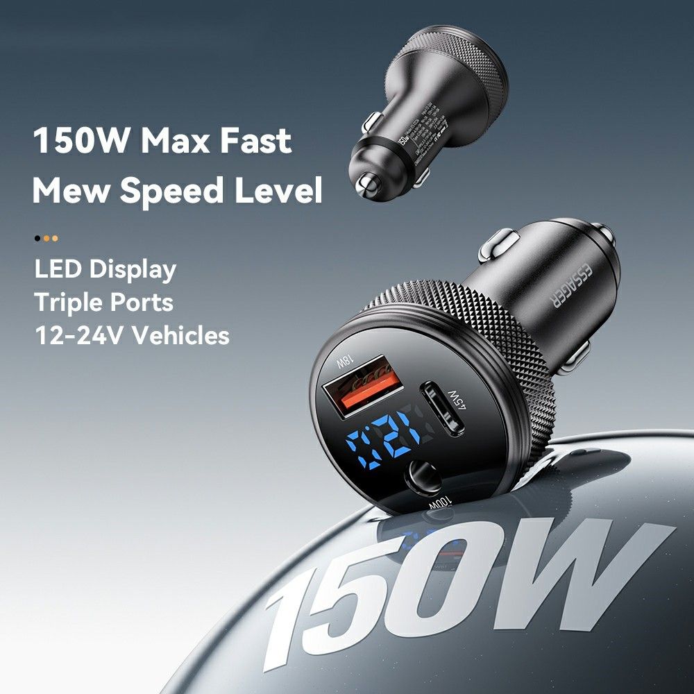 ESSAGER 150W зарядно за кола с дисплей, USB-A, Type-C, DC - сив