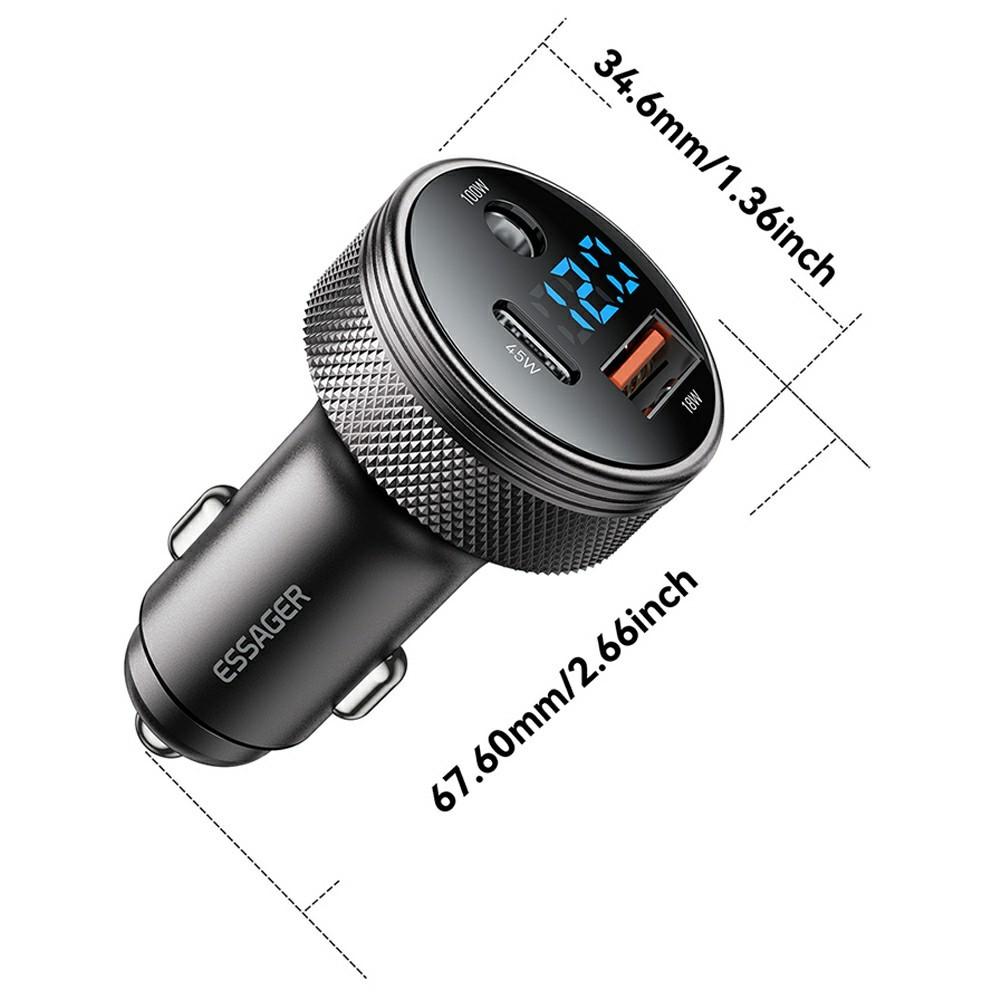 ESSAGER 150W зарядно за кола с дисплей, USB-A, Type-C, DC - сив