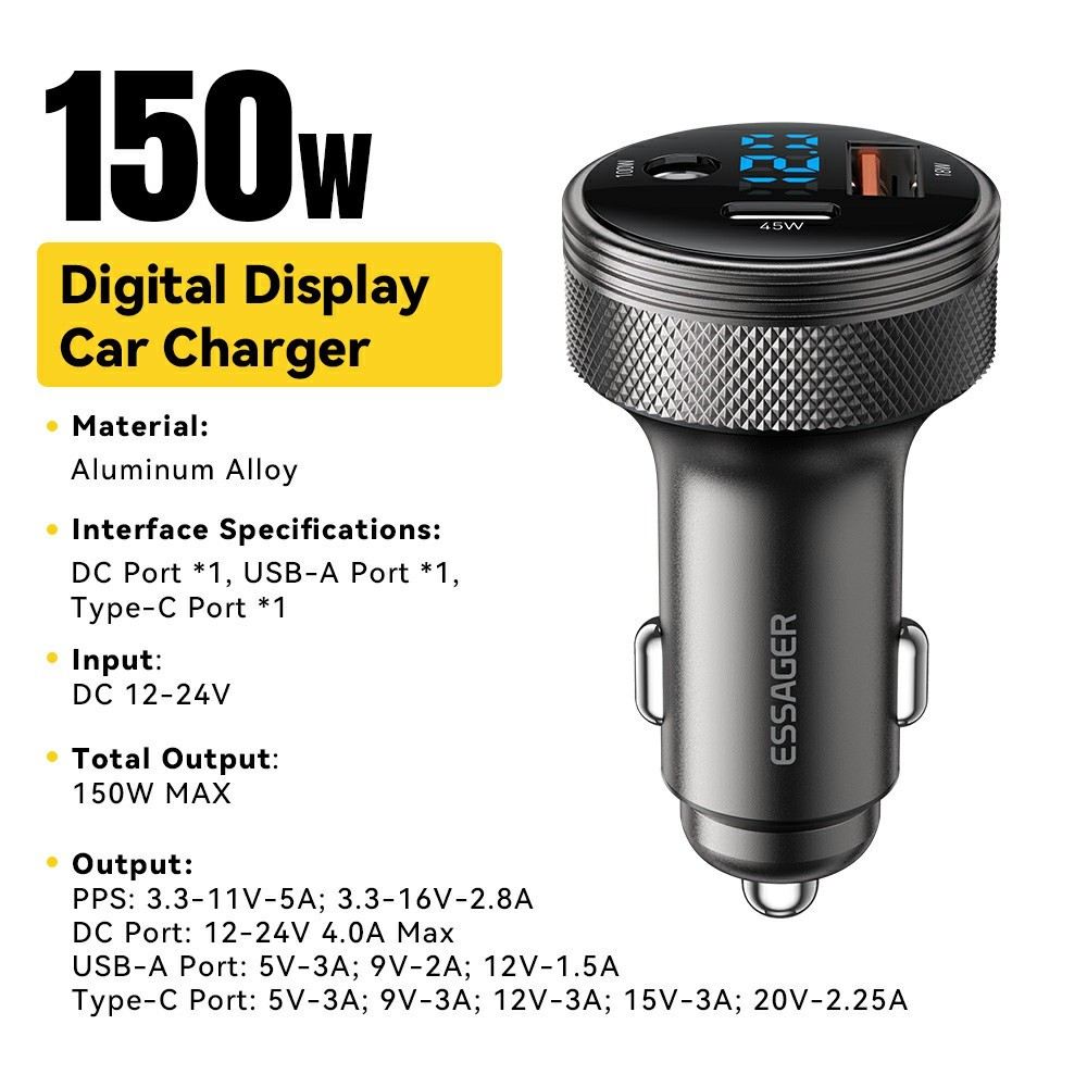 ESSAGER 150W зарядно за кола с дисплей, USB-A, Type-C, DC - сив