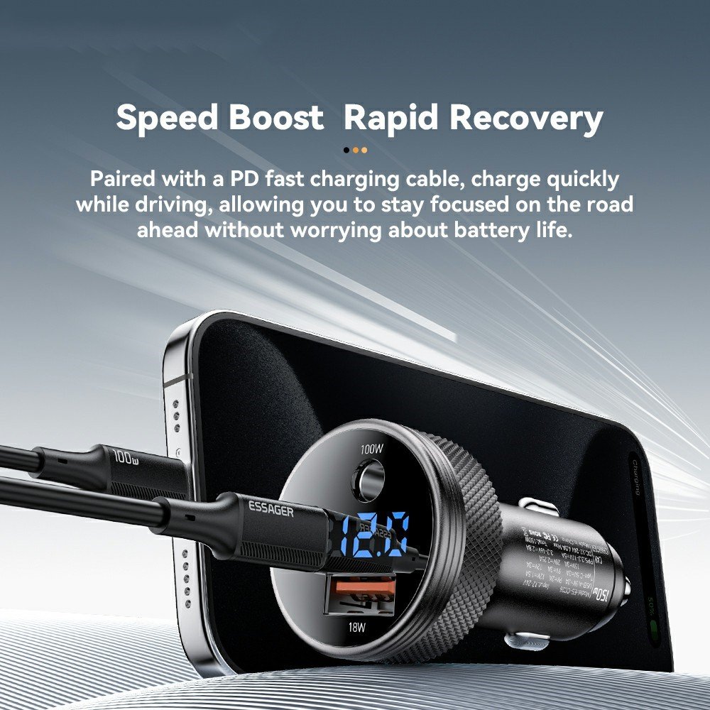 ESSAGER 150W зарядно за кола с дисплей, USB-A, Type-C, DC - сив