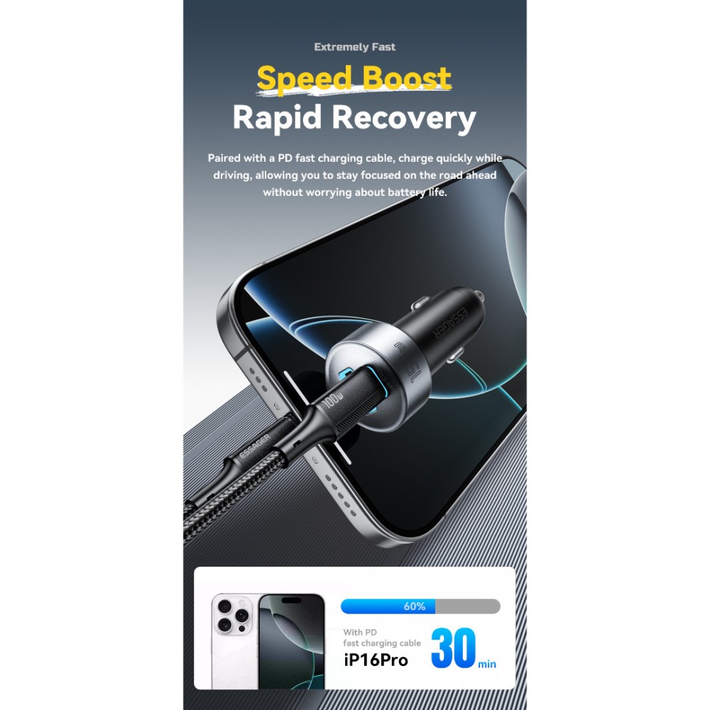 ESSAGER 150W зарядно за кола разклонител за запалка, 5 USB порта, 2 Type-C - черен