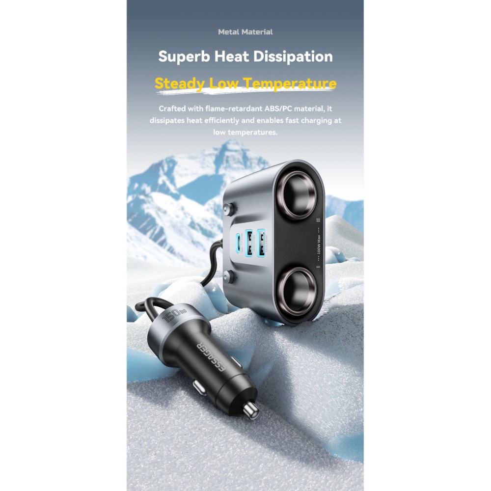 ESSAGER 150W зарядно за кола разклонител за запалка, 5 USB порта, 2 Type-C - черен