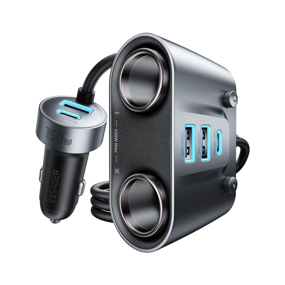 ESSAGER 150W зарядно за кола разклонител за запалка, 5 USB порта, 2 Type-C - черен