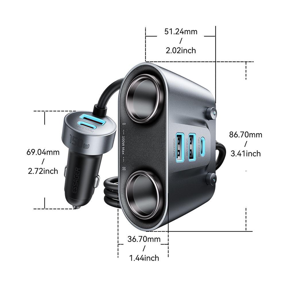 ESSAGER 150W зарядно за кола разклонител за запалка, 5 USB порта, 2 Type-C - черен