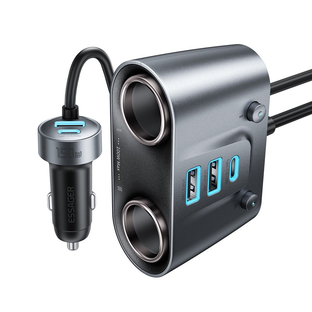 ESSAGER 150W зарядно за кола разклонител за запалка, 5 USB порта, 2 Type-C - черен