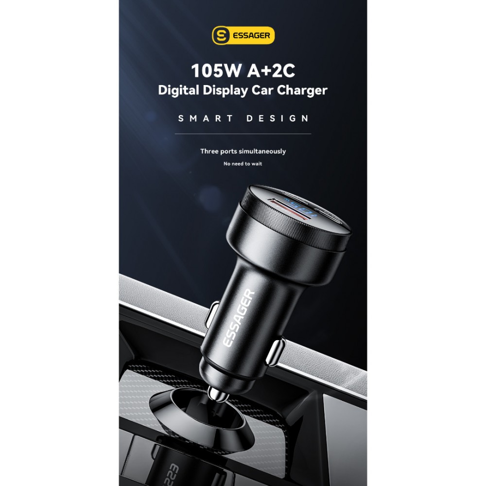 ESSAGER 105W зарядно за кола, 2x Type-C, USB-A, PPS, алуминий - 2 цвята