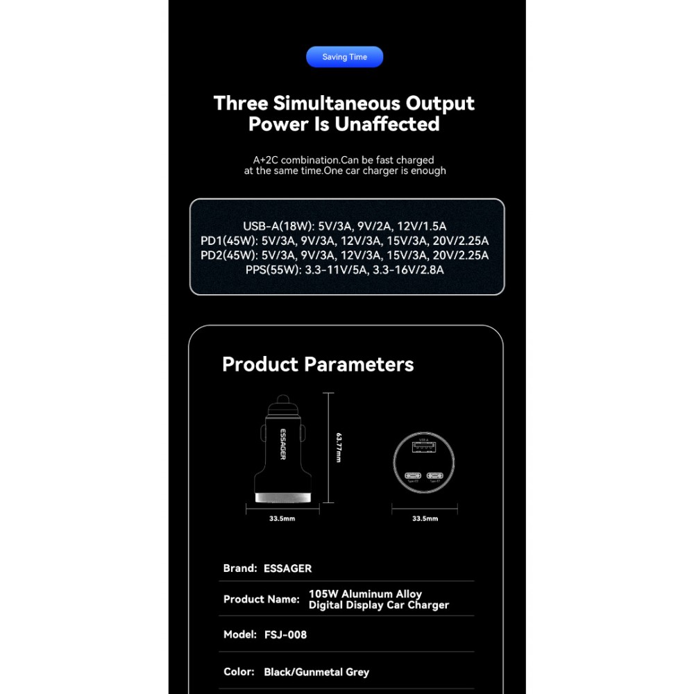 ESSAGER 105W зарядно за кола, 2x Type-C, USB-A, PPS, алуминий - 2 цвята