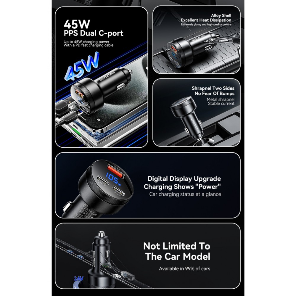 ESSAGER 105W зарядно за кола, 2x Type-C, USB-A, PPS, алуминий - 2 цвята
