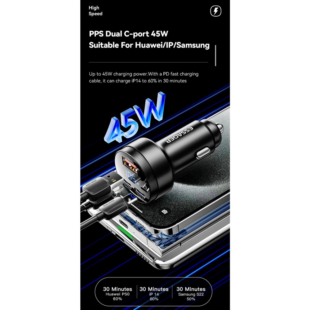 ESSAGER 105W зарядно за кола, 2x Type-C, USB-A, PPS, алуминий - 2 цвята