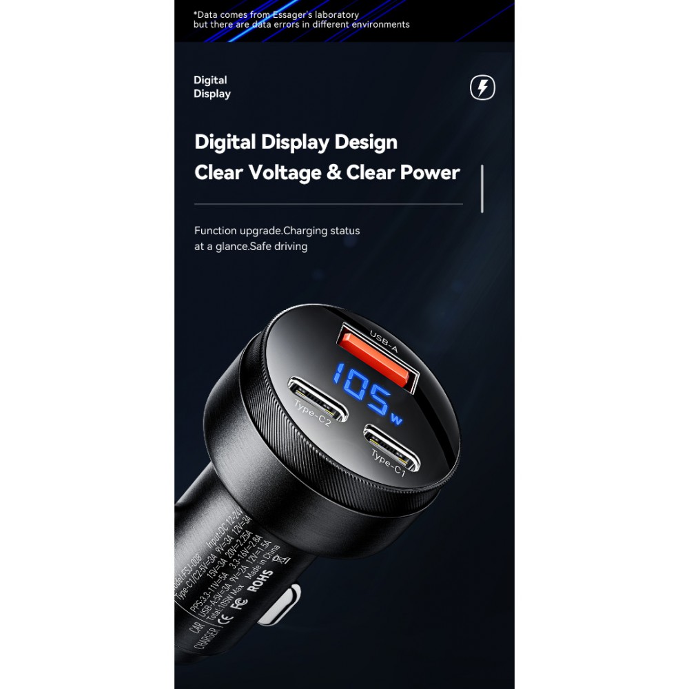 ESSAGER 105W зарядно за кола, 2x Type-C, USB-A, PPS, алуминий - 2 цвята