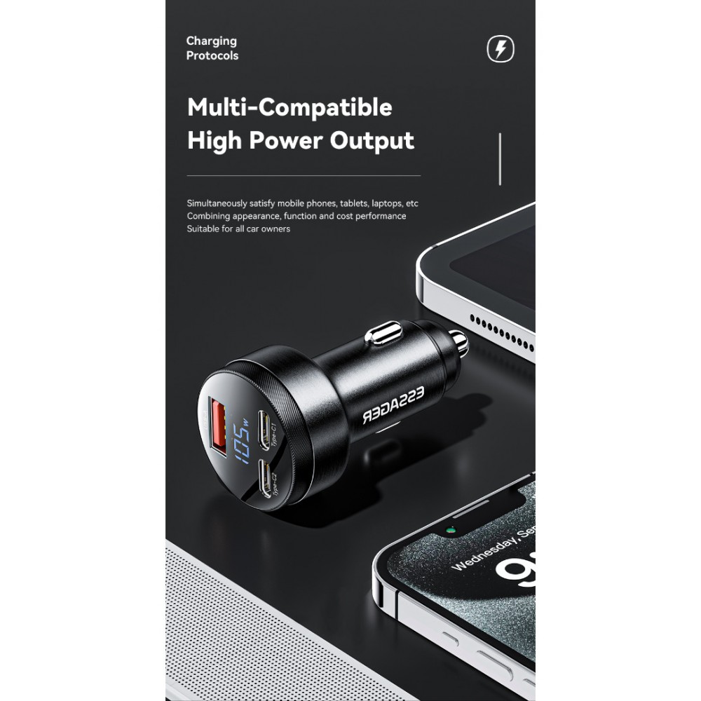 ESSAGER 105W зарядно за кола, 2x Type-C, USB-A, PPS, алуминий - 2 цвята