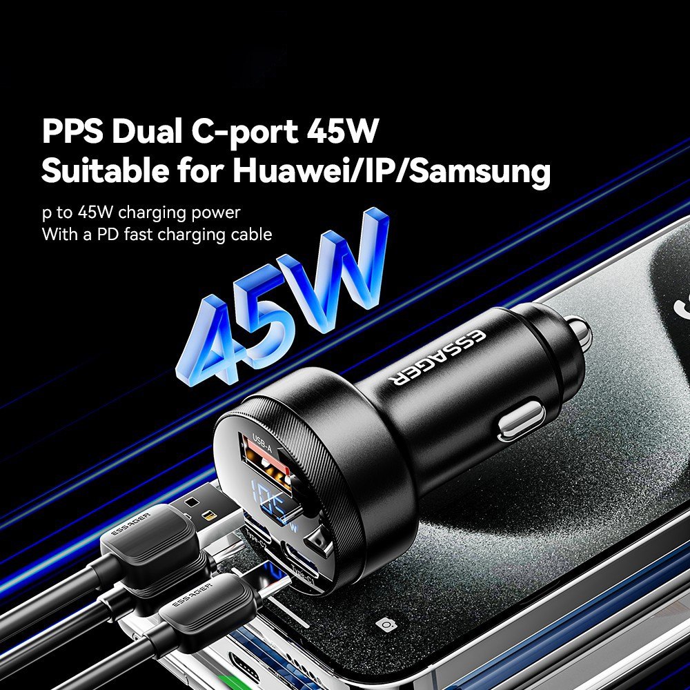 ESSAGER 105W зарядно за кола, 2x Type-C, USB-A, PPS, алуминий - 2 цвята