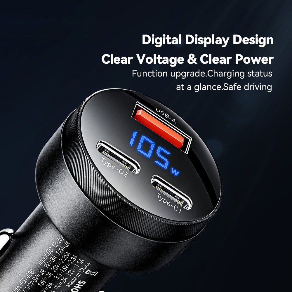 ESSAGER 105W зарядно за кола, 2x Type-C, USB-A, PPS, алуминий - 2 цвята