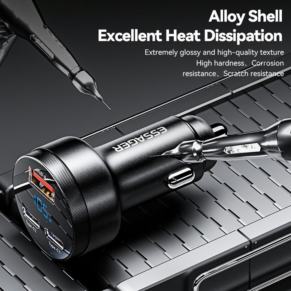 ESSAGER 105W зарядно за кола, 2x Type-C, USB-A, PPS, алуминий - 2 цвята