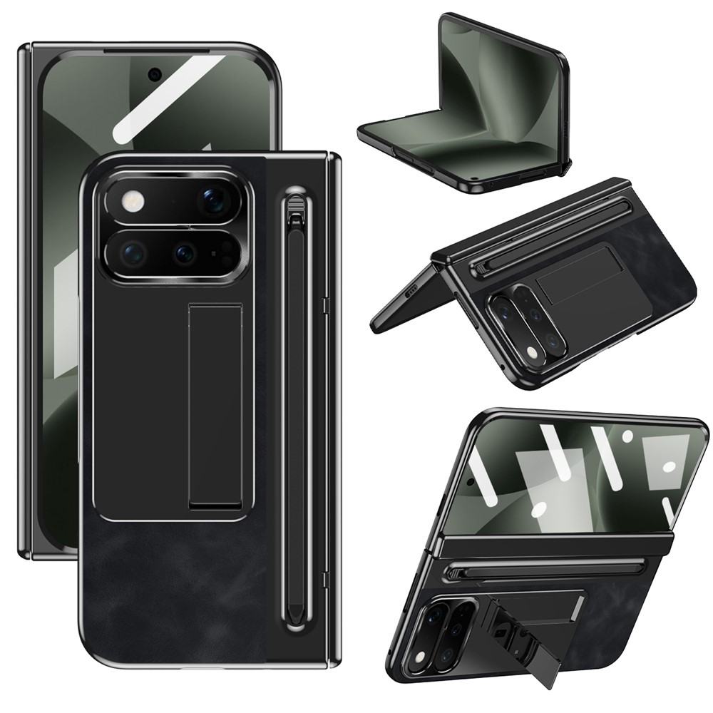 Калъф за Google Pixel 11 Pro Fold от PU Кожа и PC със Скритa Стойка, Защита на Пантата, Метален Пръстен за Камерата, Слот за Стилус и Скрийн Протектор – 4 цвята