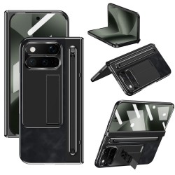 Калъф за Google Pixel 11 Pro Fold от PU Кожа и PC със Скритa Стойка, Защита на Пантата, Метален Пръстен за Камерата, Слот за Стилус и Скрийн Протектор – 4 цвята