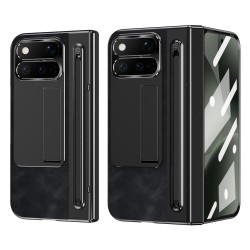 Калъф за Google Pixel 11 Pro Fold от PU Кожа и PC със Скритa Стойка, Защита на Пантата, Метален Пръстен за Камерата, Слот за Стилус и Скрийн Протектор – 4 цвята