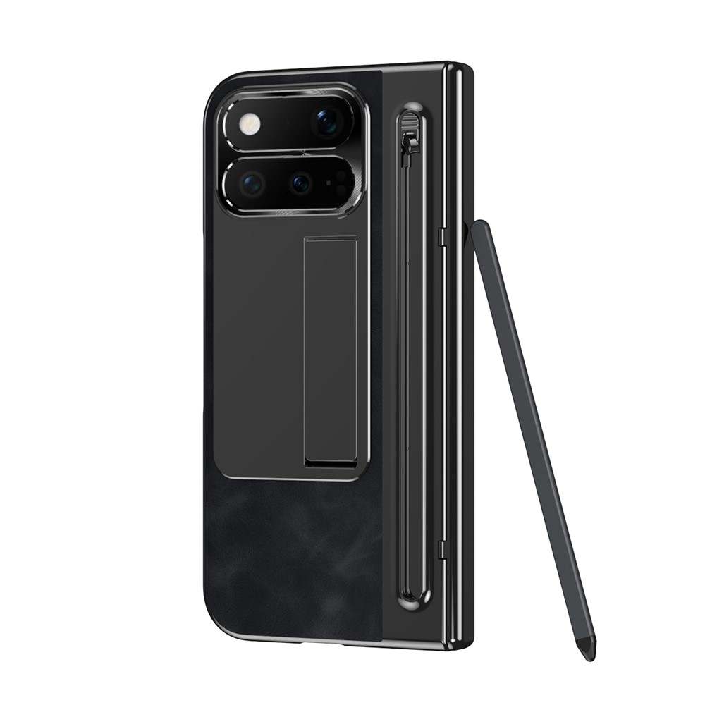 Калъф за Google Pixel 11 Pro Fold от PU Кожа и PC със Скритa Стойка, Защита на Пантата, Метален Пръстен за Камерата, Слот за Стилус и Скрийн Протектор – 4 цвята