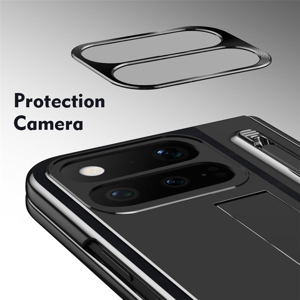 Калъф за Google Pixel 11 Pro Fold от PU Кожа и PC със Скритa Стойка, Защита на Пантата, Метален Пръстен за Камерата, Слот за Стилус и Скрийн Протектор – 4 цвята