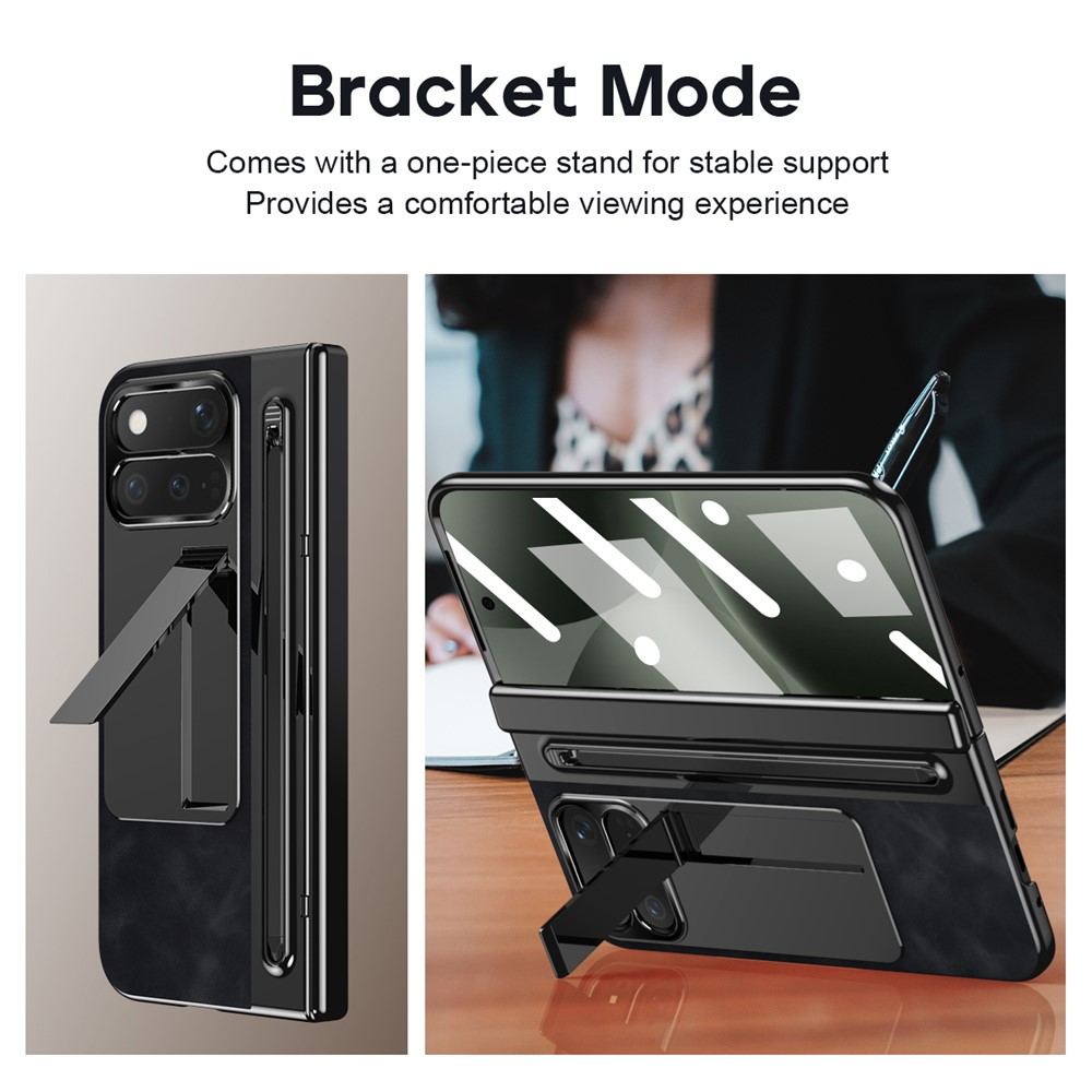Калъф за Google Pixel 11 Pro Fold от PU Кожа и PC със Скритa Стойка, Защита на Пантата, Метален Пръстен за Камерата, Слот за Стилус и Скрийн Протектор – 4 цвята