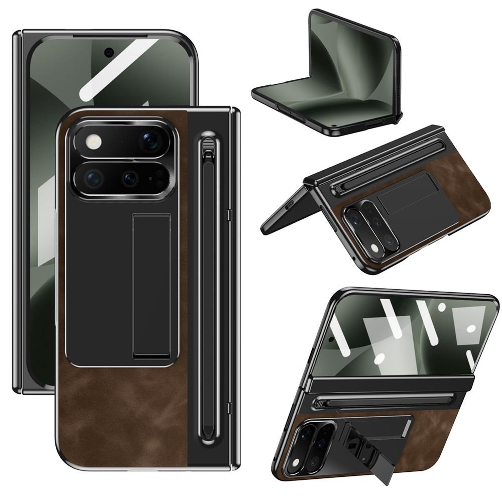 Калъф за Google Pixel 11 Pro Fold от PU Кожа и PC със Скритa Стойка, Защита на Пантата, Метален Пръстен за Камерата, Слот за Стилус и Скрийн Протектор – 4 цвята