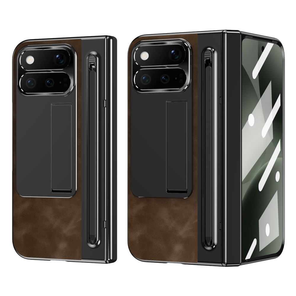 Калъф за Google Pixel 11 Pro Fold от PU Кожа и PC със Скритa Стойка, Защита на Пантата, Метален Пръстен за Камерата, Слот за Стилус и Скрийн Протектор – 4 цвята