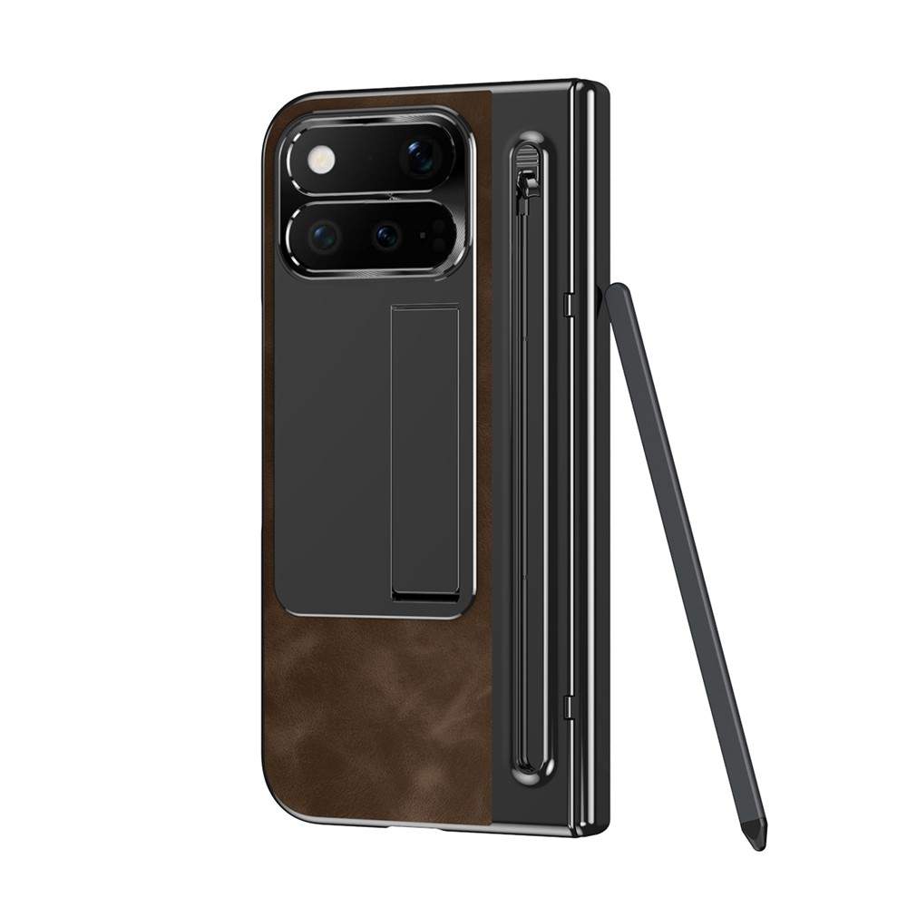 Калъф за Google Pixel 11 Pro Fold от PU Кожа и PC със Скритa Стойка, Защита на Пантата, Метален Пръстен за Камерата, Слот за Стилус и Скрийн Протектор – 4 цвята
