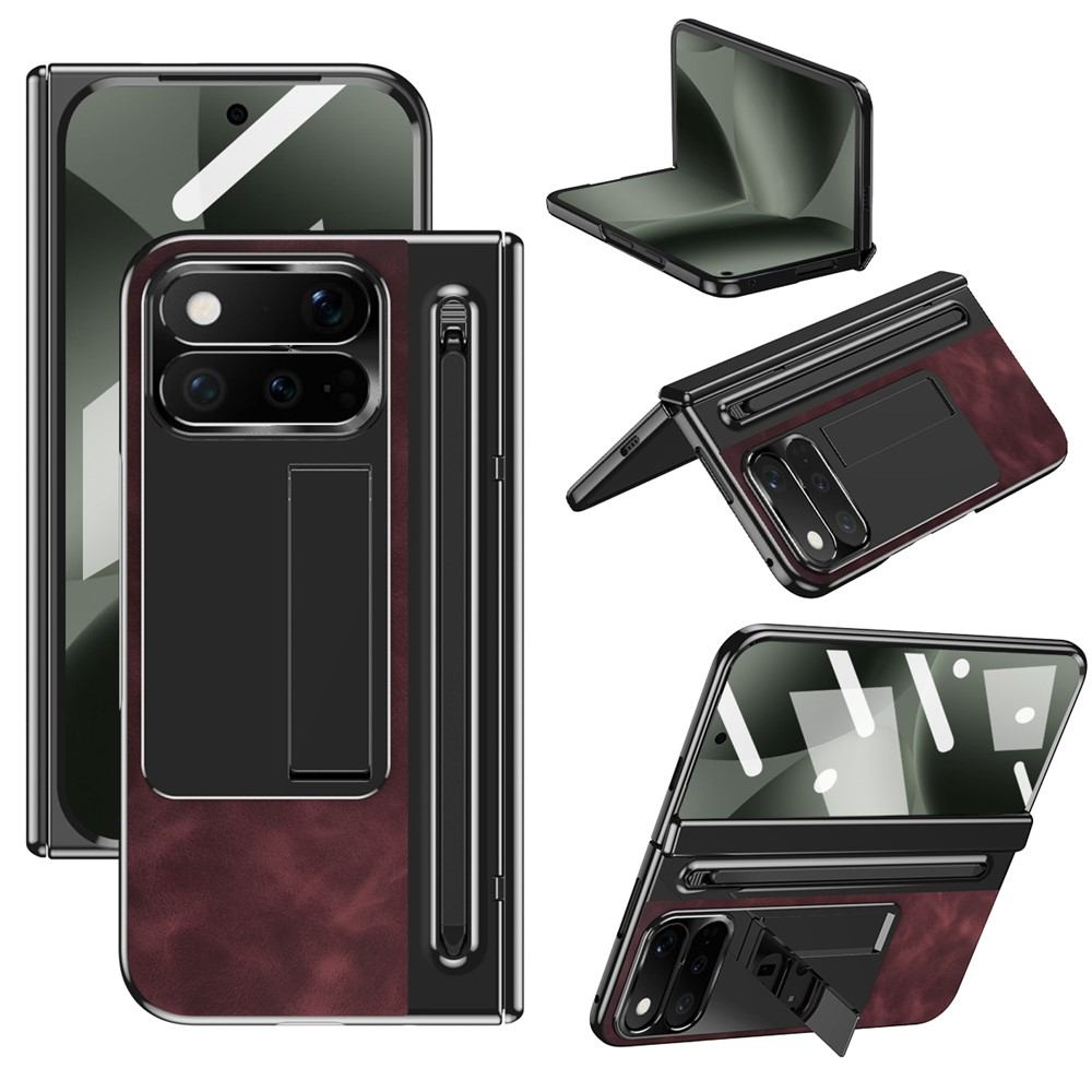 Калъф за Google Pixel 11 Pro Fold от PU Кожа и PC със Скритa Стойка, Защита на Пантата, Метален Пръстен за Камерата, Слот за Стилус и Скрийн Протектор – 4 цвята