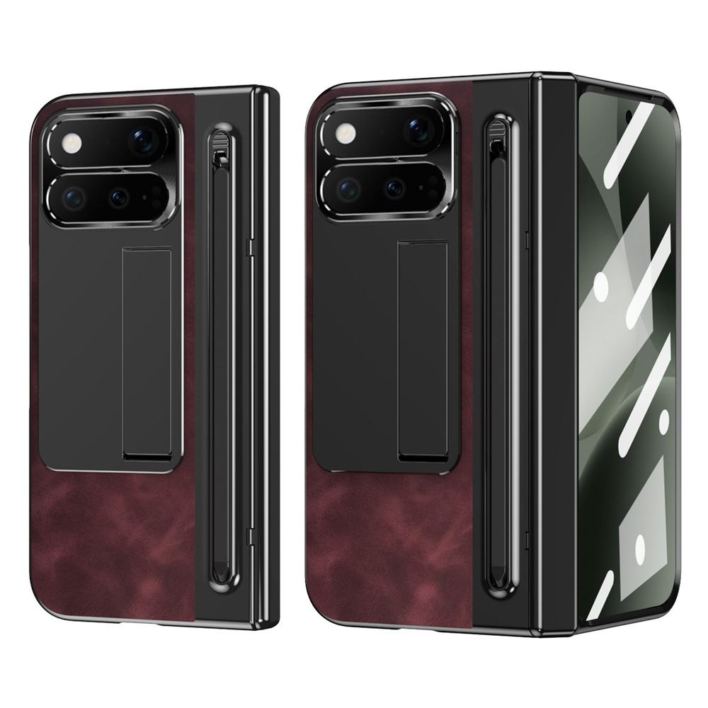 Калъф за Google Pixel 11 Pro Fold от PU Кожа и PC със Скритa Стойка, Защита на Пантата, Метален Пръстен за Камерата, Слот за Стилус и Скрийн Протектор – 4 цвята