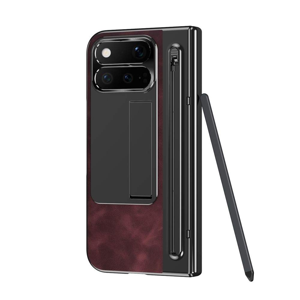 Калъф за Google Pixel 11 Pro Fold от PU Кожа и PC със Скритa Стойка, Защита на Пантата, Метален Пръстен за Камерата, Слот за Стилус и Скрийн Протектор – 4 цвята