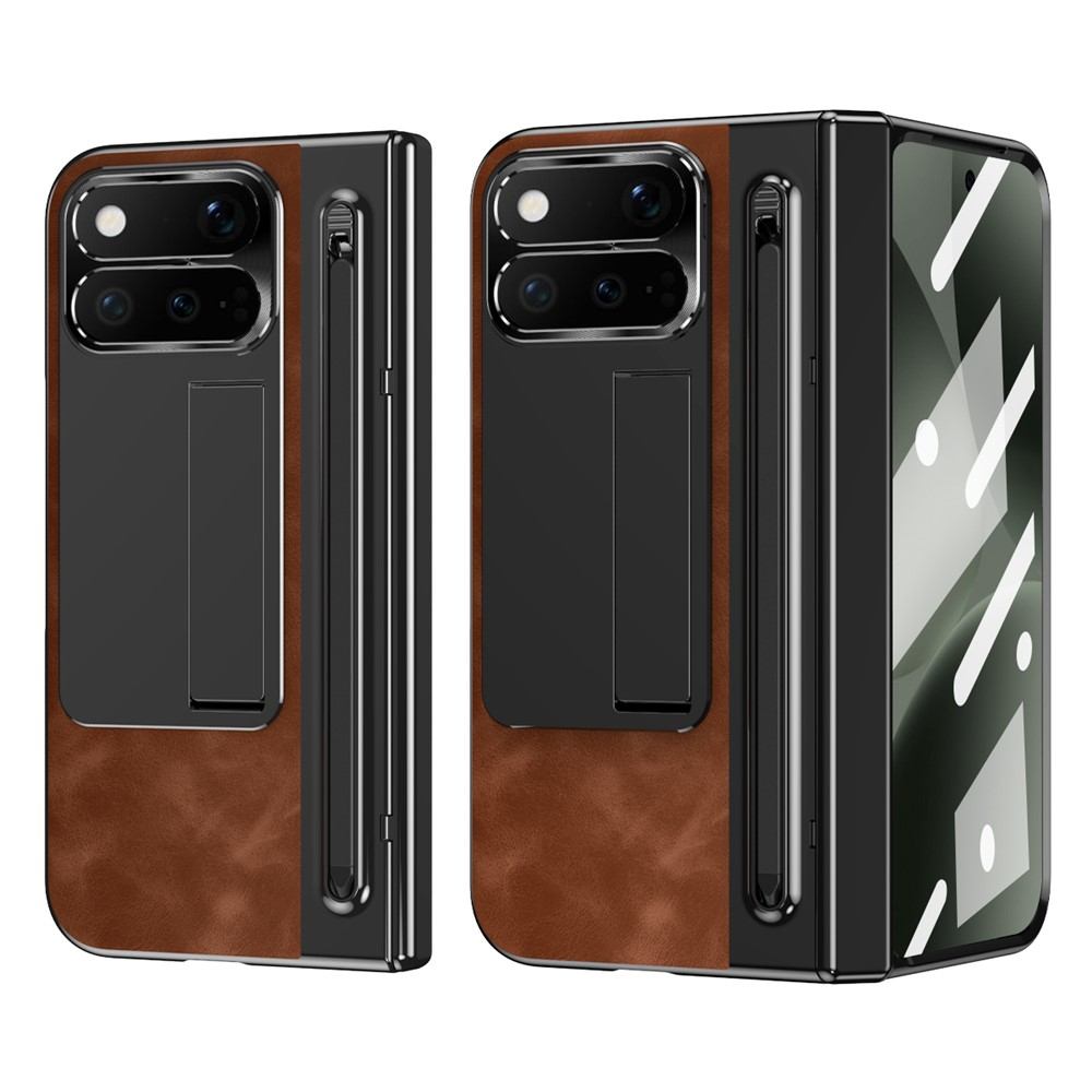 Калъф за Google Pixel 11 Pro Fold от PU Кожа и PC със Скритa Стойка, Защита на Пантата, Метален Пръстен за Камерата, Слот за Стилус и Скрийн Протектор – 4 цвята