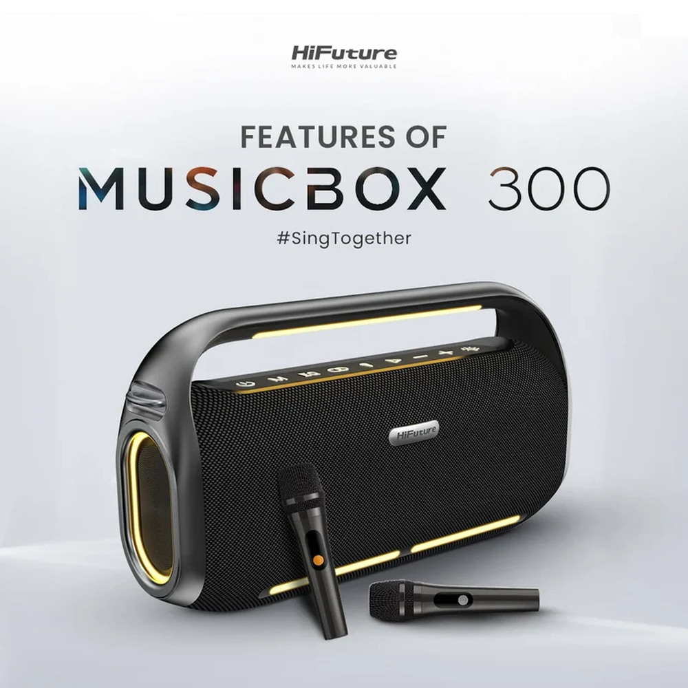 Преносима Bluetooth Тонколона HiFuture MusicBox300 150W с Караоке, 2 Безжични Микрофона, RGB Светлини и TWS – Черна