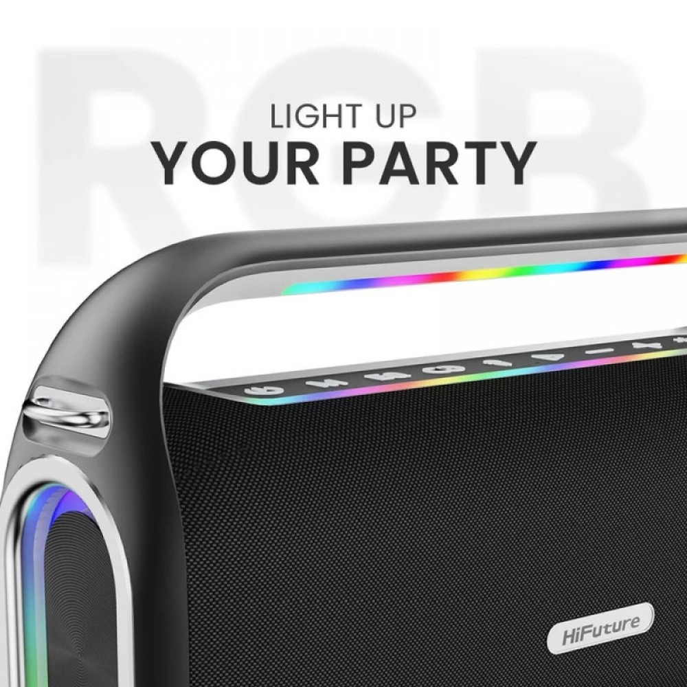 Преносима Bluetooth Тонколона HiFuture MusicBox300 150W с Караоке, 2 Безжични Микрофона, RGB Светлини и TWS – Черна