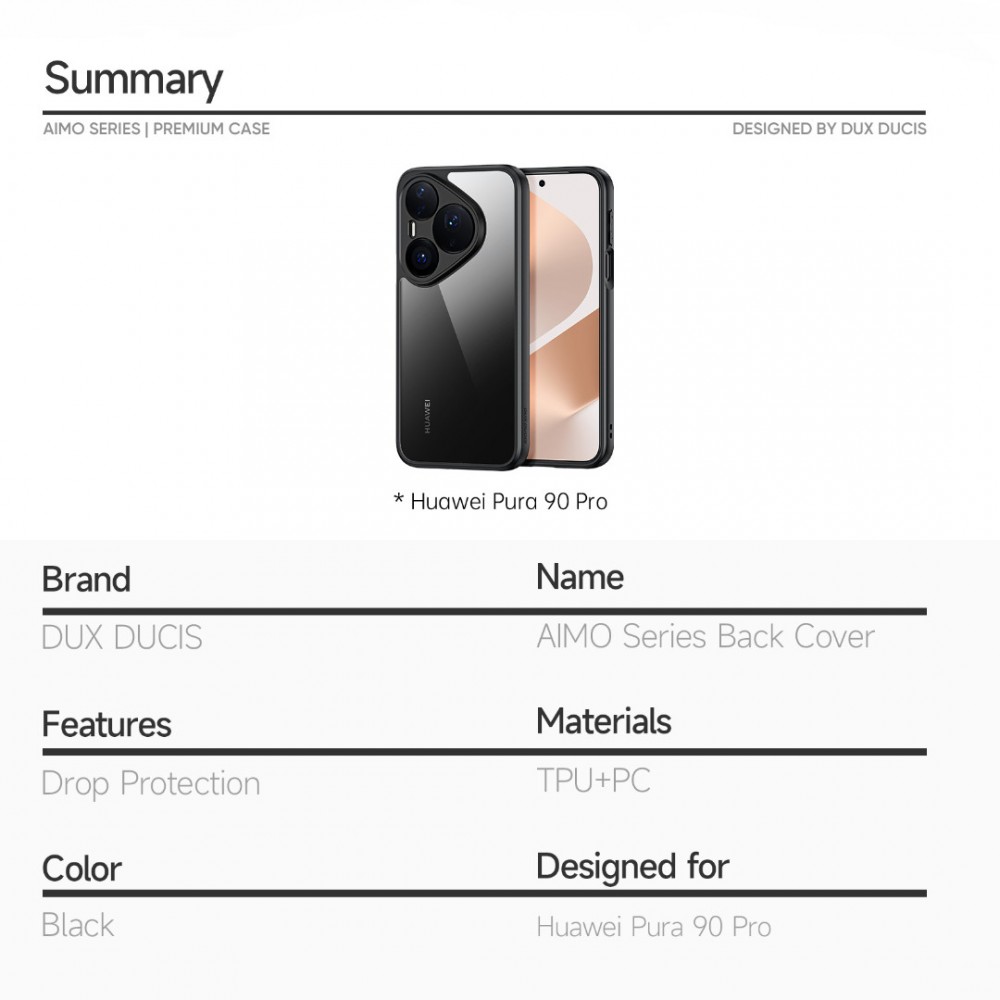 Калъф за Huawei Pura 90s Pro / Pura 90 Pro Dux Ducis Aimo Series PC + TPU Прозрачен Гръб с Удароустойчива Конструкция и Скрийн Протектор – Черен