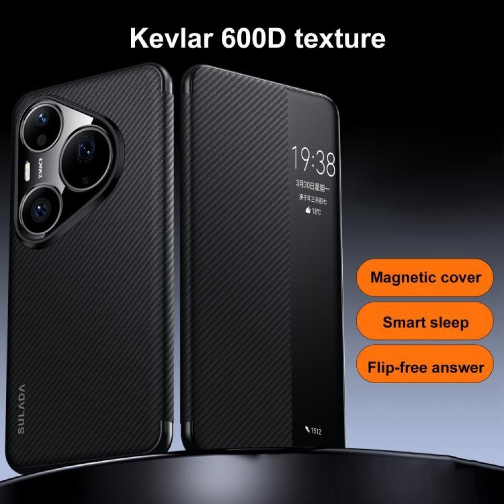 Калъф SULADA Kevlar 600D за Huawei Pura 90 Pro / 90s Pro със Смарт Прозорец и Скрийн Протектор – 3 цвята