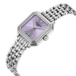 Дамски часовник Lee Cooper LC08358.300 – със сребриста стоманена верижка, лилав циферблат и правоъгълен корпус