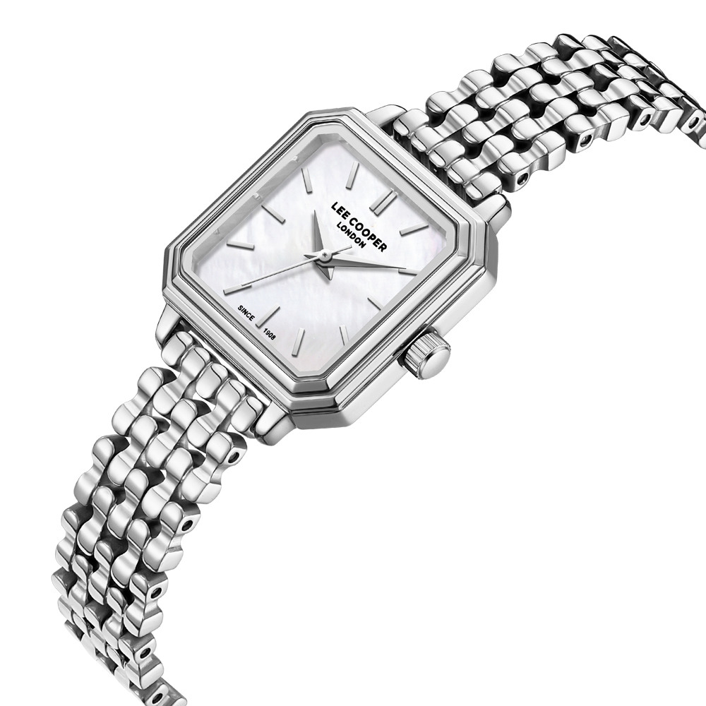 Дамски часовник Lee Cooper LC08358.320 – със сребриста стоманена верижка, седефен циферблат и правоъгълен корпус