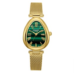 Дамски часовник Lee Cooper LC08360.170 – със златиста стоманена верижка, зелен циферблат със златисти детайли и овален корпус 23 мм