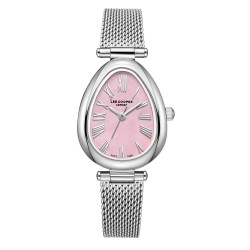 Дамски часовник Lee Cooper LC08360.380 – със сребриста стоманена верижка, седефено-розов циферблат и овален корпус 23 мм
